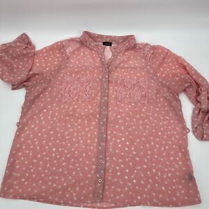 Women's Pink Sheer Polka Dot Button Up Blouse Lace Pockets Mock Collar Coquette